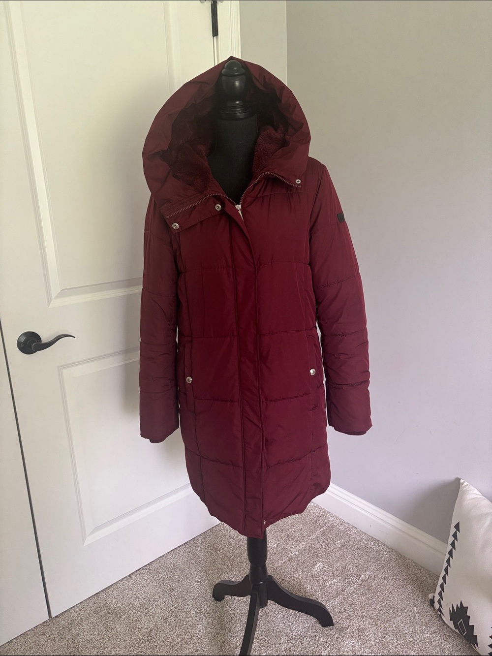 Sam edelman Women's Long Hooded Quilted Puffer Coat - Burgundy